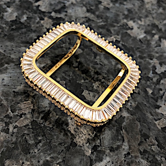 2 pc Apple Watch set yellow gold lab diamond case and crystal band classy bling - Picture 9 of 11